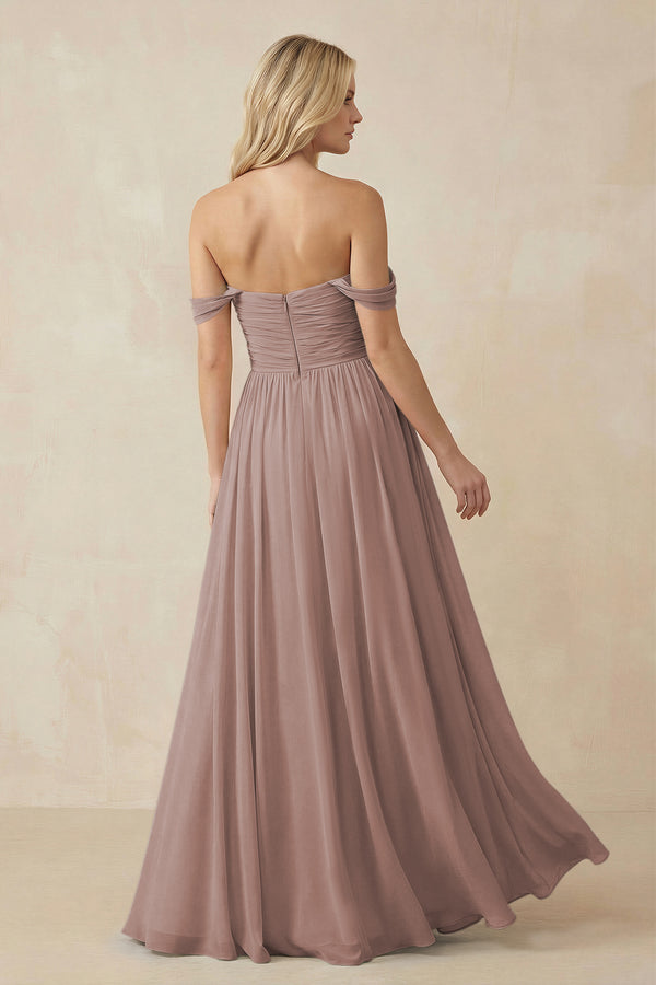 Toffee A-Line Pleated Long Chiffon Bridesmaid Dress (2) | KISSBRIDAL
