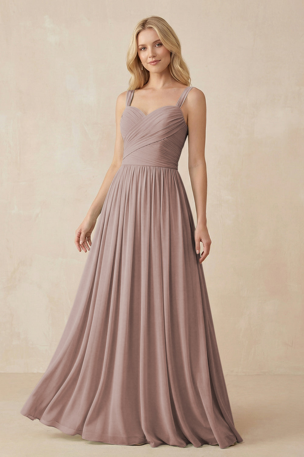 A-Line Pleated Long Chiffon Bridesmaid Dress in Toffee