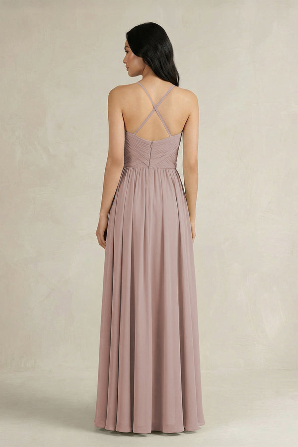 Toffee A-Line Pleated Spaghetti Strap Chiffon Bridesmaid Dress (2) | KISSBRIDAL