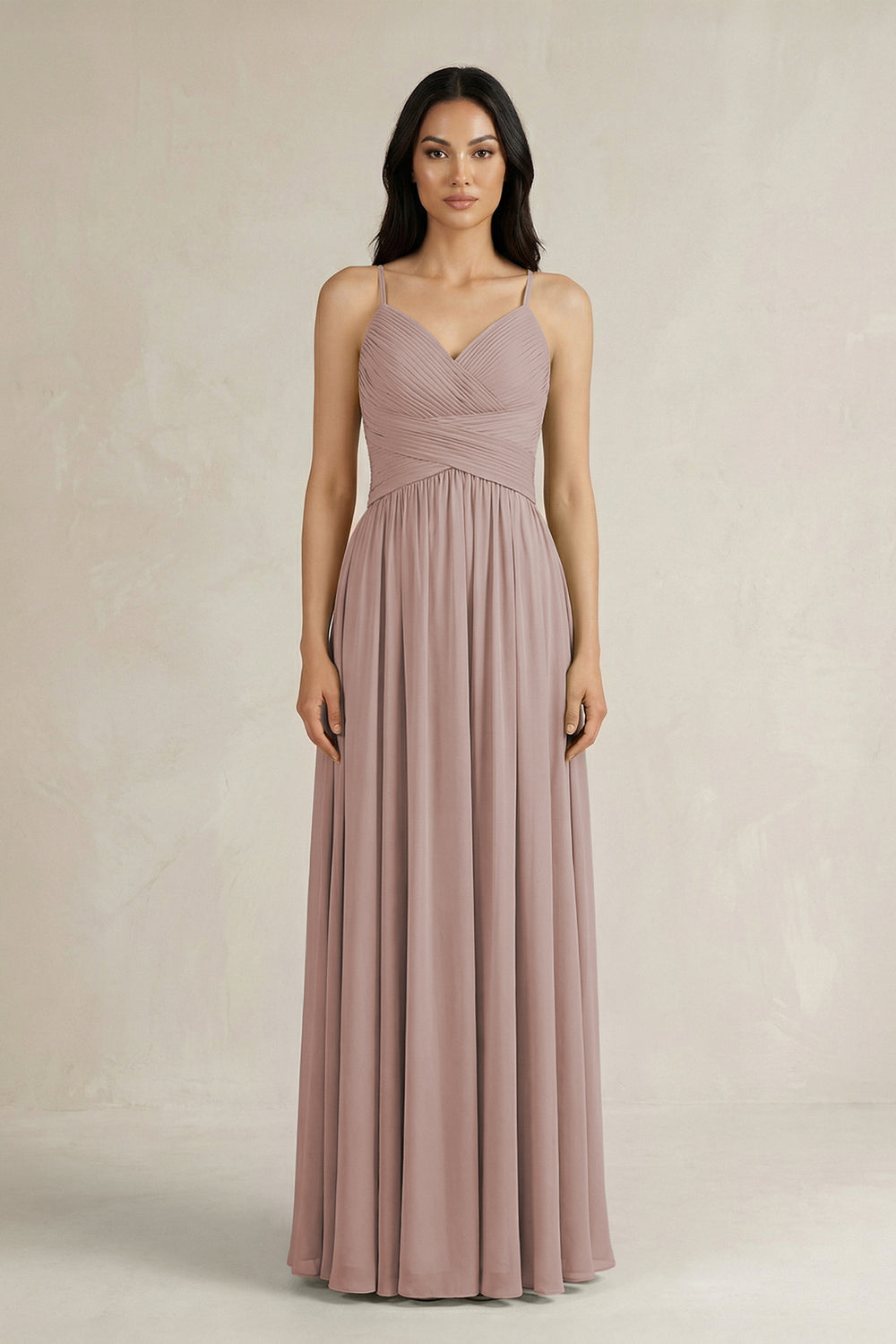 A-Line Pleated Spaghetti Strap Chiffon Bridesmaid Dress in Toffee