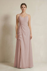 Toffee A-Line Ruffled Spaghetti Strap Chiffon Bridesmaid Dress | KISSBRIDAL