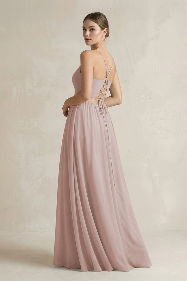 Toffee A-Line Spaghetti Strap Chiffon Bridesmaid Dress (2) | KISSBRIDAL