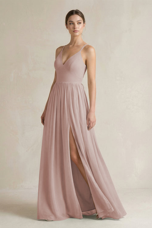 Toffee A-Line Spaghetti Strap Chiffon Bridesmaid Dress | KISSBRIDAL