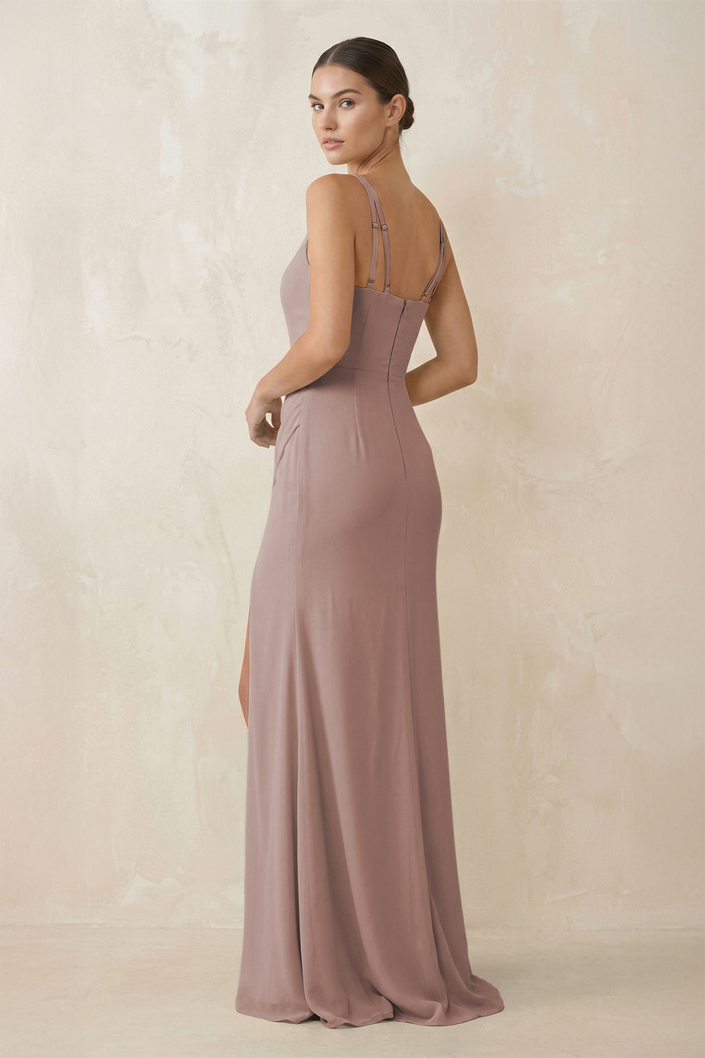 Cami Strap Chiffon Sheath Bridesmaid Gown in Toffee