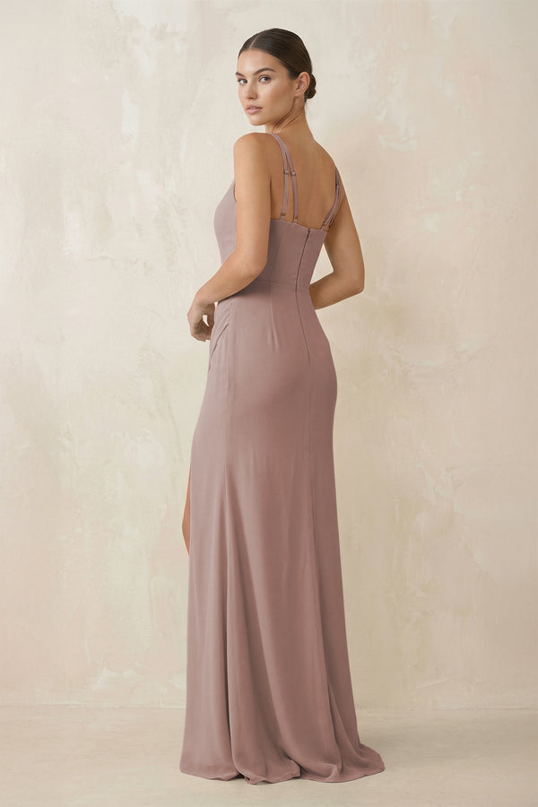 Toffee Cami Strap Chiffon Sheath Bridesmaid Gown (2) | KISSBRIDAL