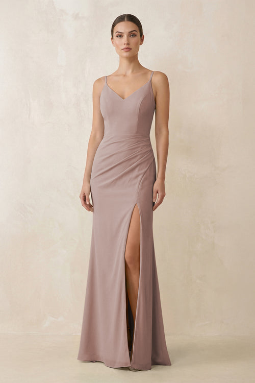 Toffee Cami Strap Chiffon Sheath Bridesmaid Gown | KISSBRIDAL