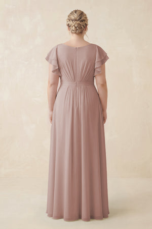 Toffee Cap Sleeve Ruffled A-Line Chiffon Bridesmaid Dress (2) [sizeplus]  | KISSBRIDAL