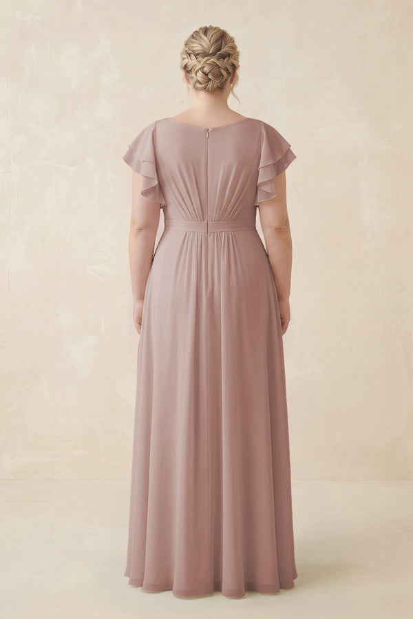 Toffee Cap Sleeve Ruffled A-Line Chiffon Bridesmaid Dress (2) [sizeplus]  | KISSBRIDAL