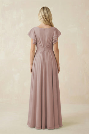 Toffee Cap Sleeve Ruffled A-Line Chiffon Bridesmaid Dress in c (2) | KISSBRIDAL
