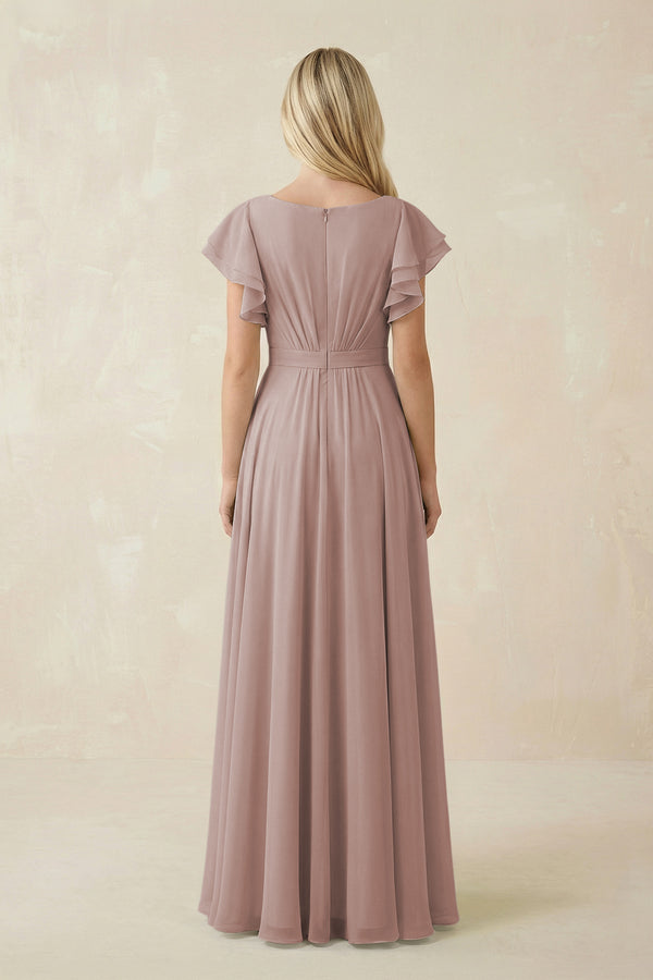Toffee Cap Sleeve Ruffled A-Line Chiffon Bridesmaid Dress in c (2) | KISSBRIDAL