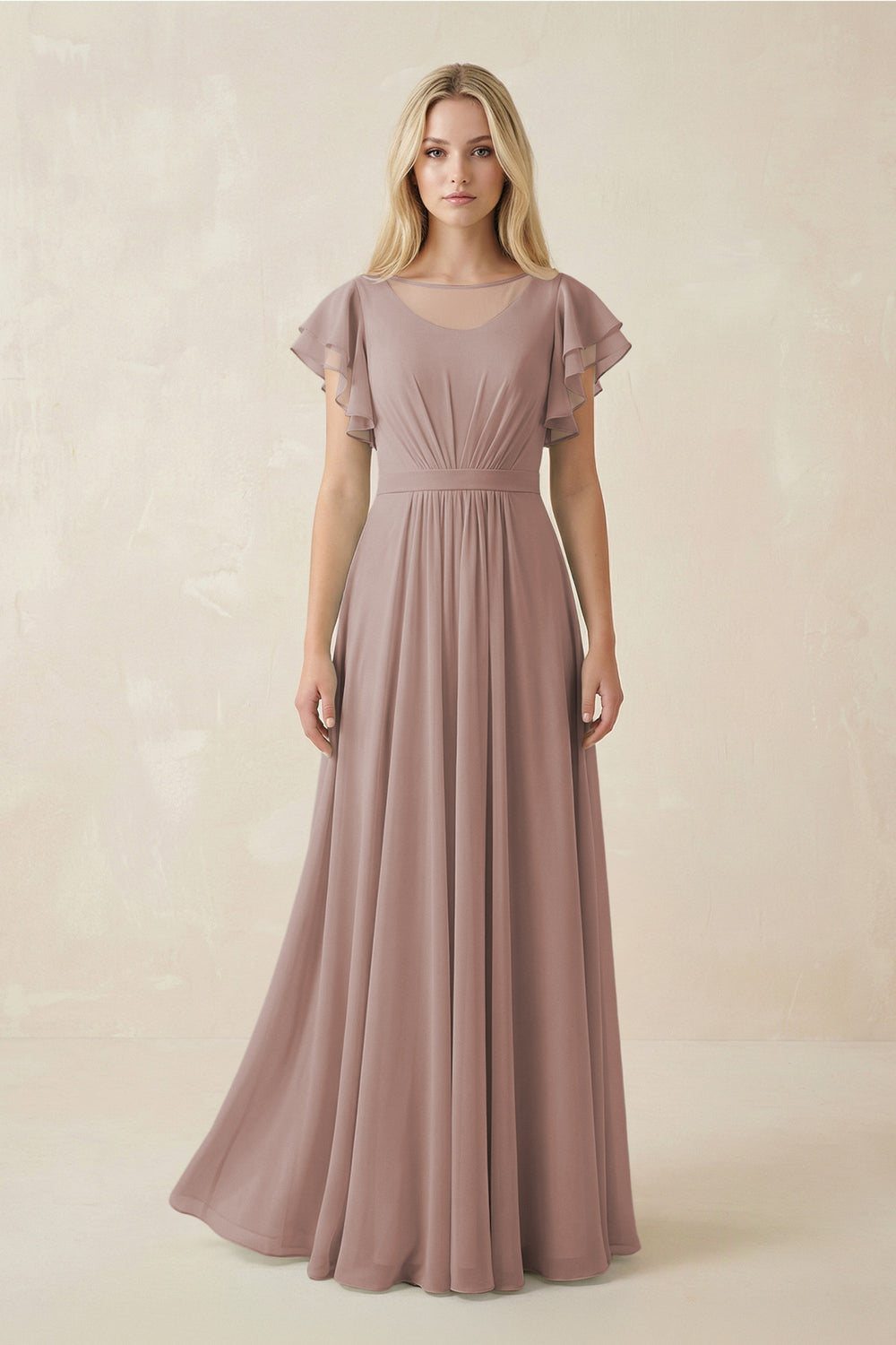 Cap Sleeve Ruffled A-Line Chiffon Bridesmaid Dress in Toffee