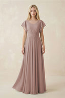 Toffee Cap Sleeve Ruffled A-Line Chiffon Bridesmaid Dress in c | KISSBRIDAL