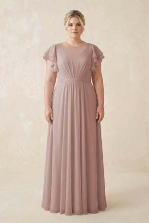 Toffee Cap Sleeve Ruffled A-Line Chiffon Bridesmaid Dress  [sizeplus] | KISSBRIDAL