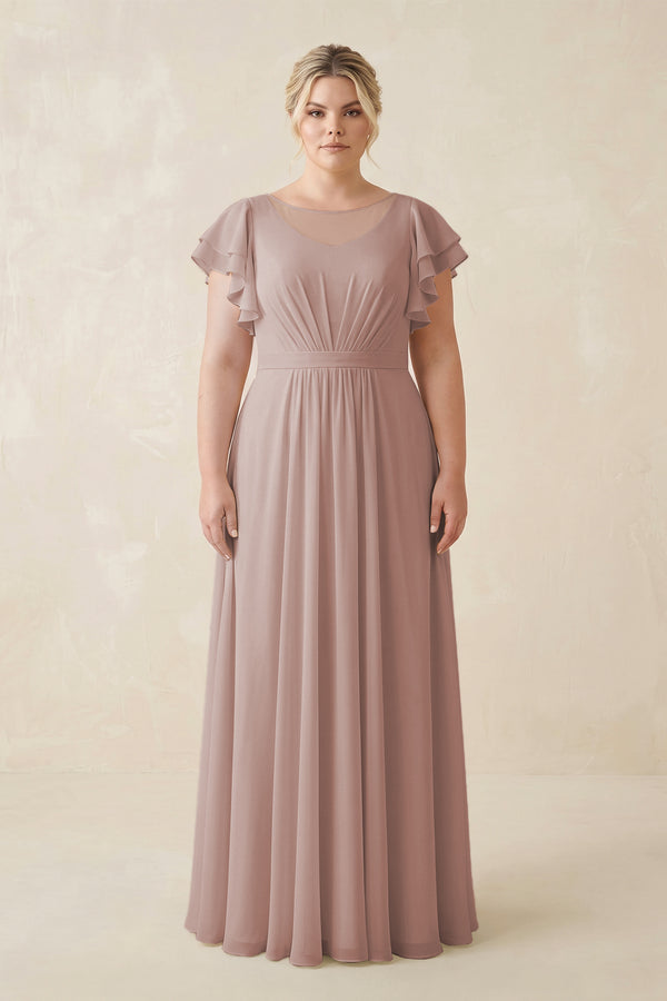 Toffee Cap Sleeve Ruffled A-Line Chiffon Bridesmaid Dress  [sizeplus] | KISSBRIDAL