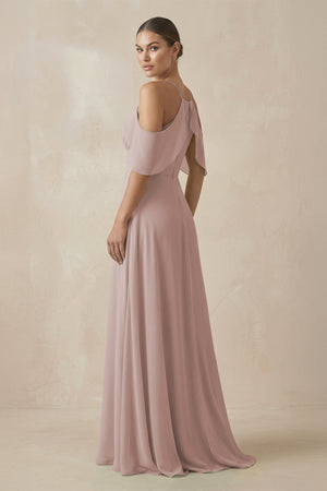 Toffee Chiffon A-Line Long Bridesmaid Dress (2) | KISSBRIDAL