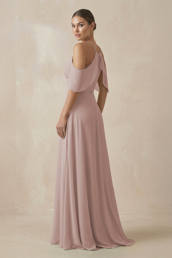 Toffee Chiffon A-Line Long Bridesmaid Dress (2) | KISSBRIDAL