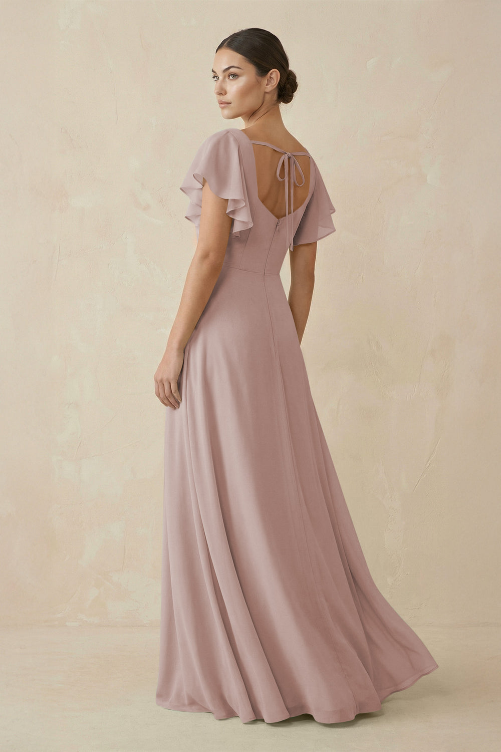Chiffon A-Line Long Bridesmaid Dress with Flutter Sleeves in Toffee