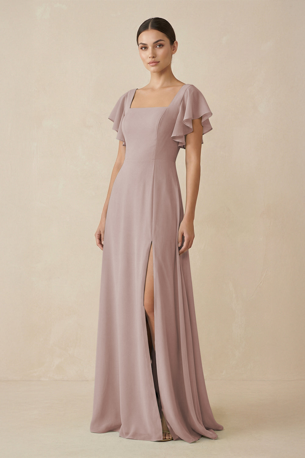 Chiffon A-Line Long Bridesmaid Dress with Flutter Sleeves in Toffee