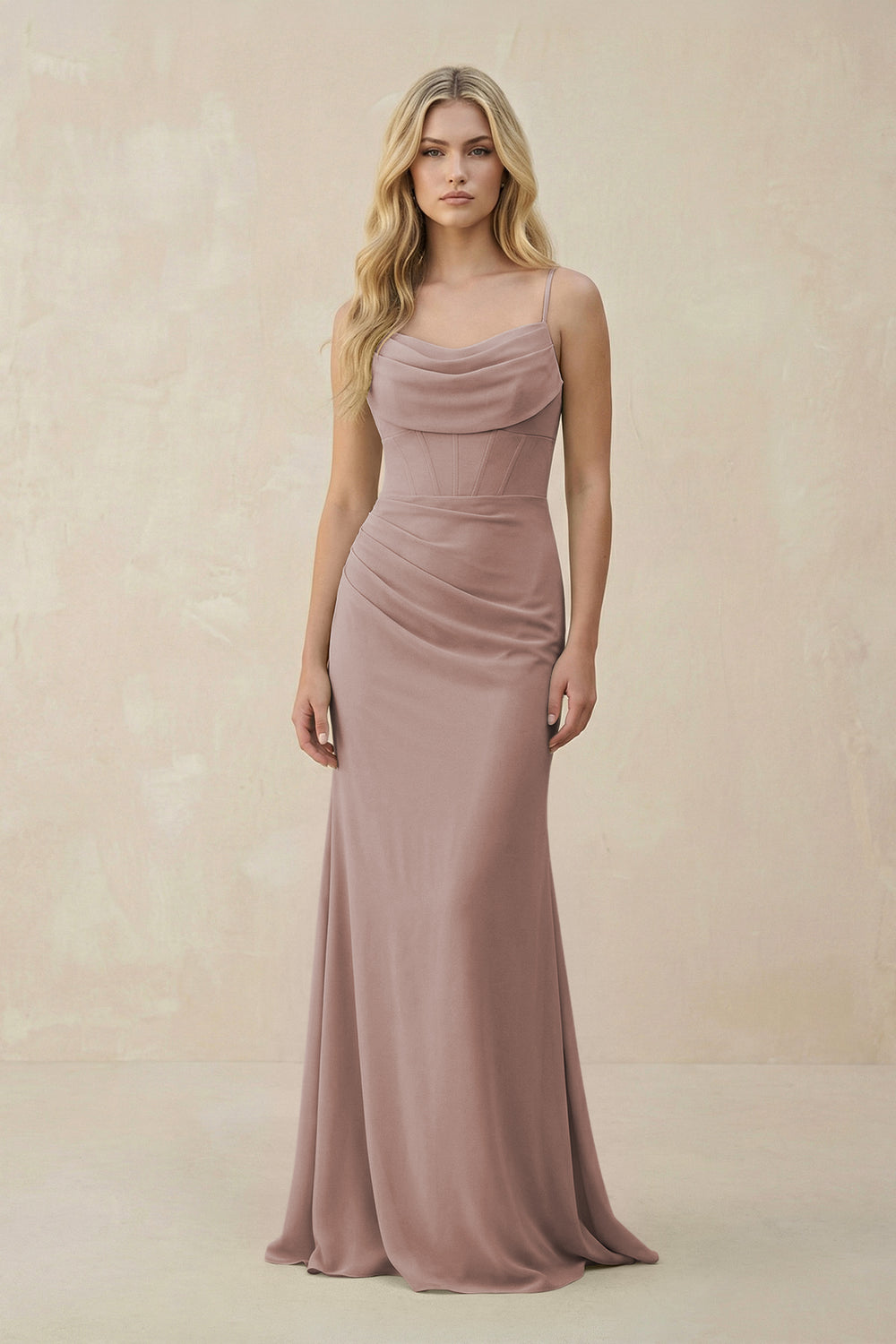 Cowl Neck Sheath Chiffon Bridesmaid Dress with Corset in Toffee