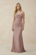 Toffee Cowl Neck Sheath Chiffon Bridesmaid Dress with Corset | KISSBRIDAL