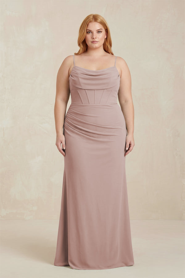 Toffee Cowl Neck Sheath Chiffon Bridesmaid Dress with Corset [sizeplus]  | KISSBRIDAL
