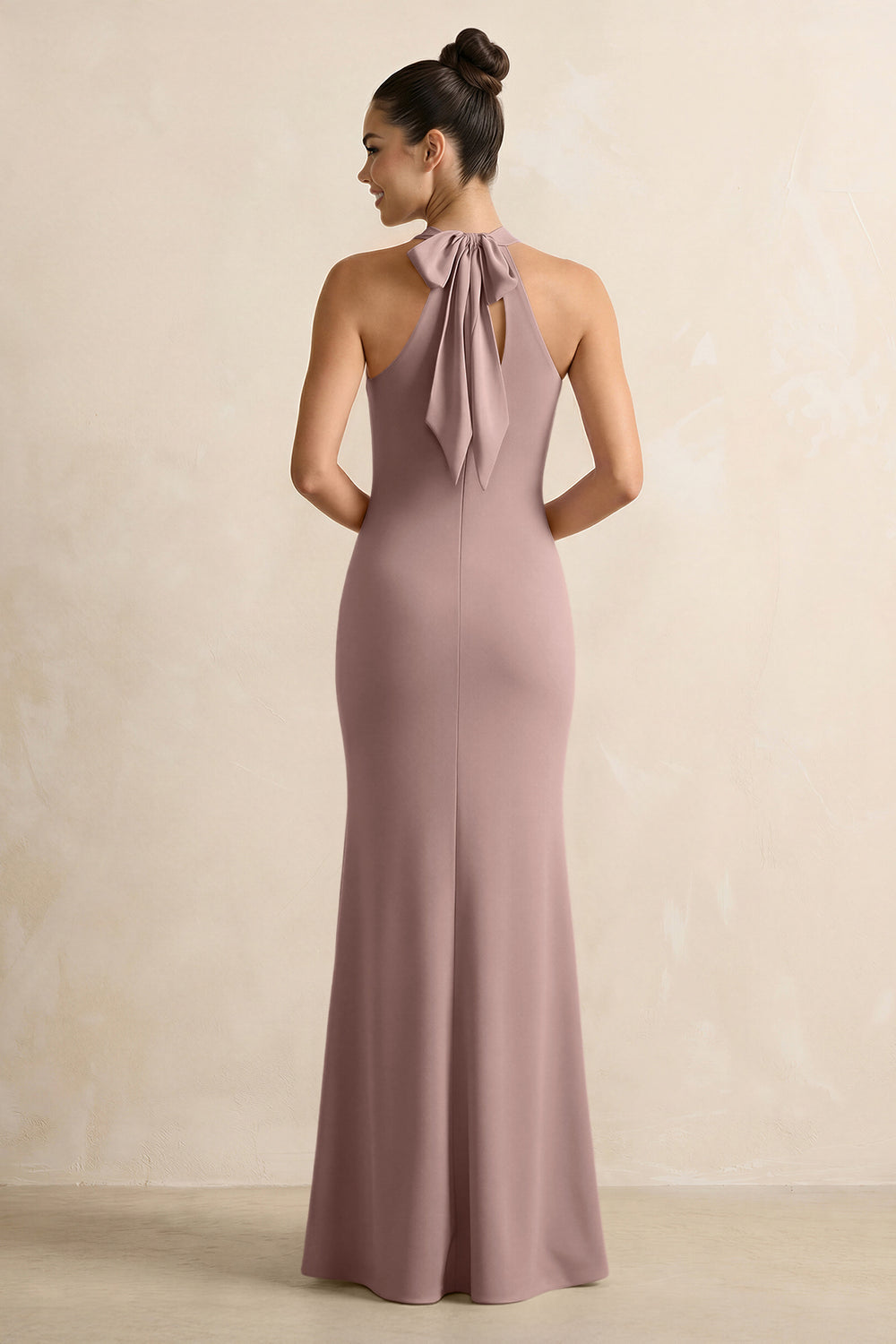 Crisscross Halter Sheath Satin Bridesmaid Dress with Bow in Toffee