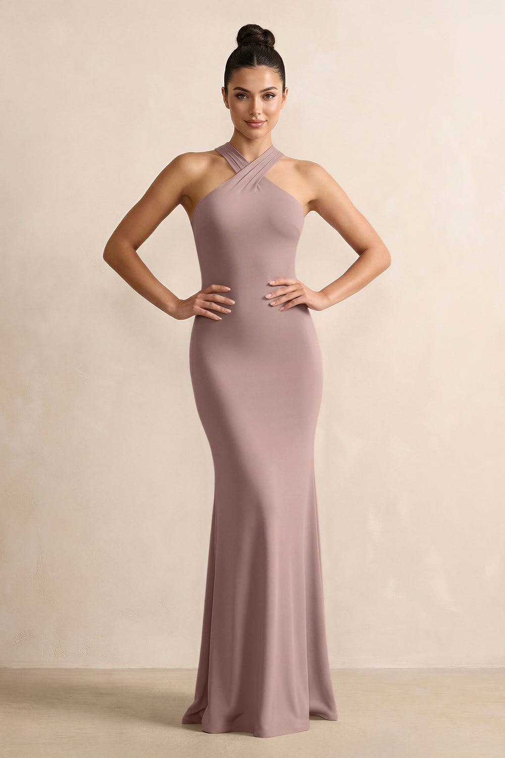 Crisscross Halter Sheath Satin Bridesmaid Dress with Bow in Toffee