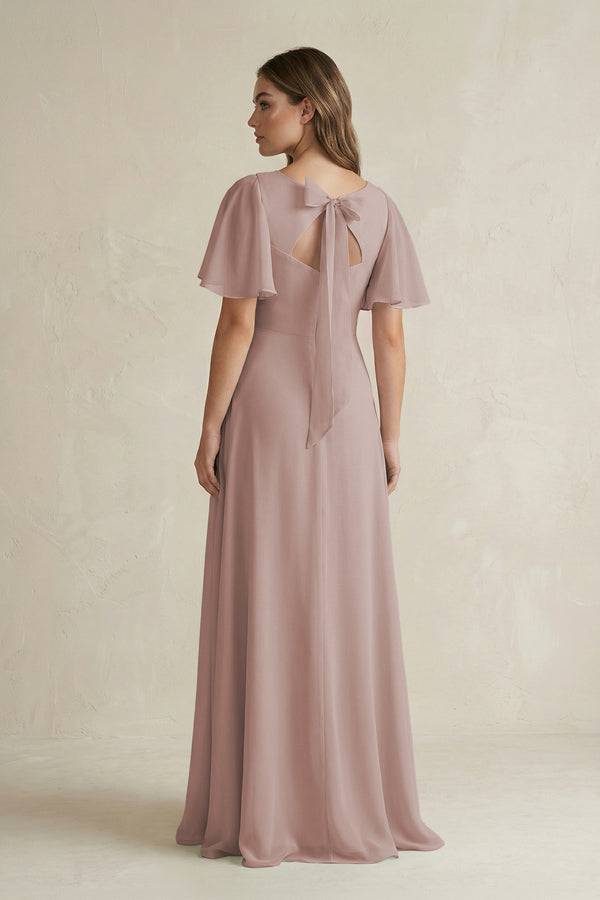 Toffee Flutter Sleeve V-Neck A-Line Chiffon Bridesmaid Dress (2) | KISSBRIDAL