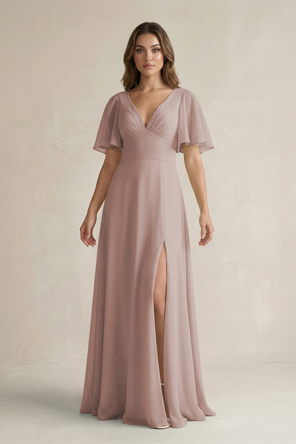 Flutter Sleeve V-Neck A-Line Chiffon Bridesmaid Dress in Toffee