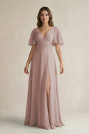 Toffee Flutter Sleeve V-Neck A-Line Chiffon Bridesmaid Dress | KISSBRIDAL