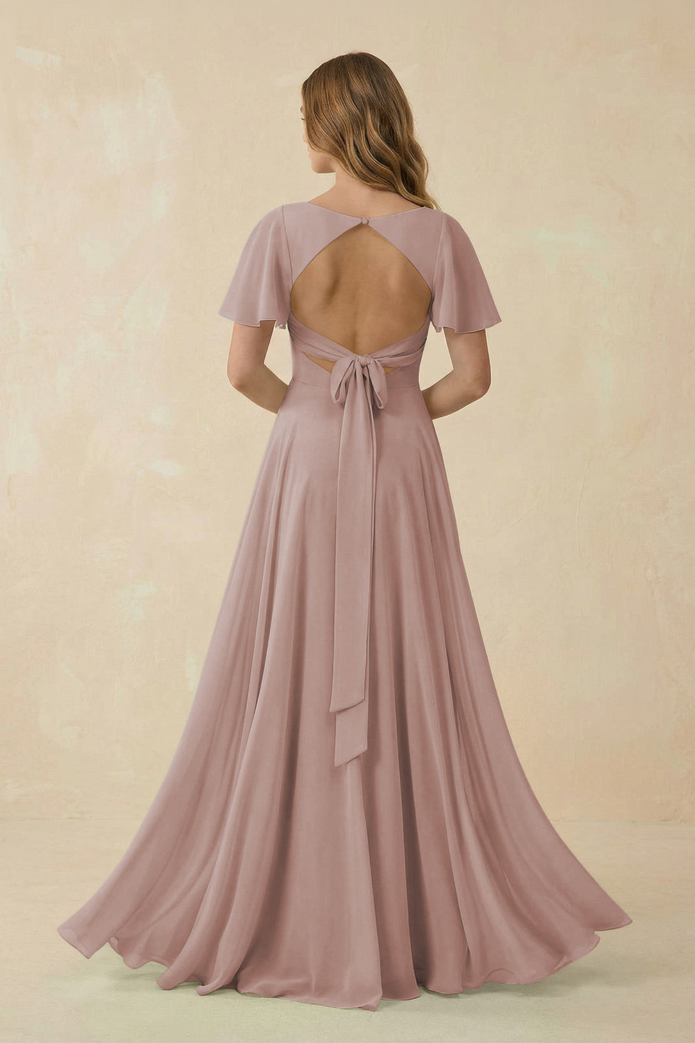 Flutter Sleeve V-Neck Chiffon A-Line Bridesmaid Dress in Toffee