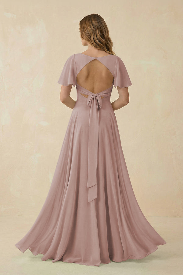 Toffee Flutter Sleeve V-Neck Chiffon A-Line Bridesmaid Dress (2) | KISSBRIDAL
