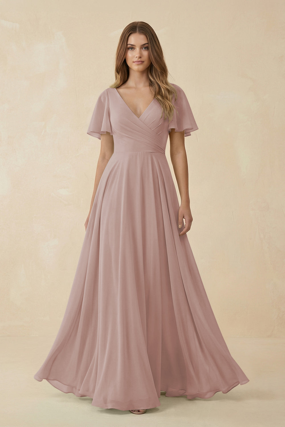 Flutter Sleeve V-Neck Chiffon A-Line Bridesmaid Dress in Toffee
