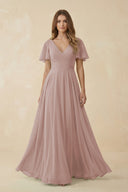 Toffee Flutter Sleeve V-Neck Chiffon A-Line Bridesmaid Dress | KISSBRIDAL