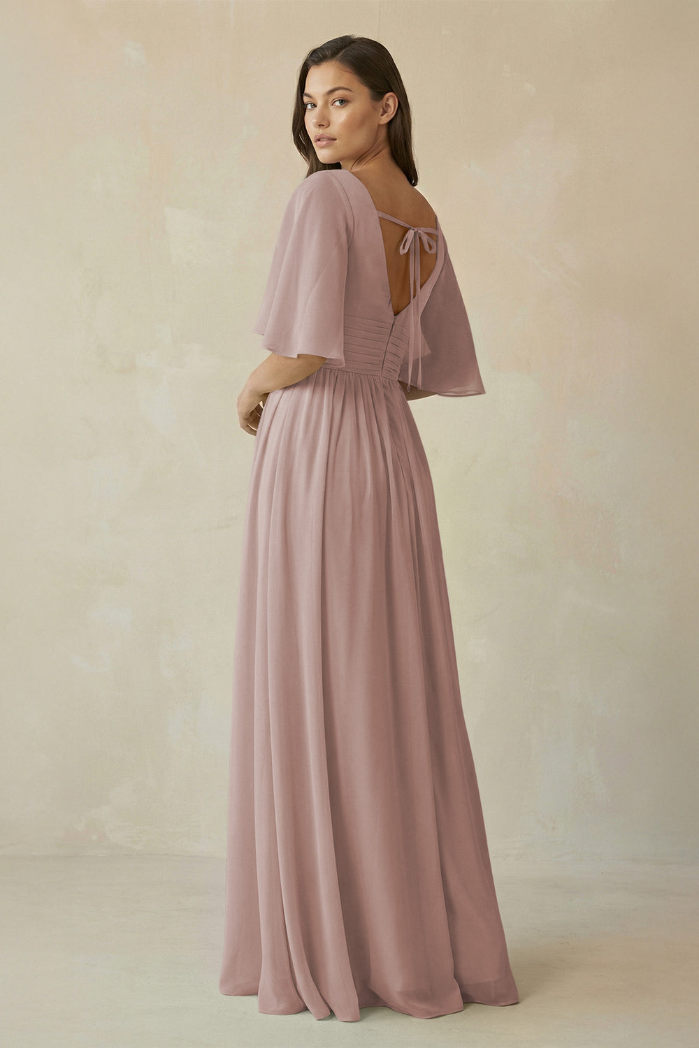 Half Sleeve V-Neck A-Line Chiffon Bridesmaid Gown in Toffee