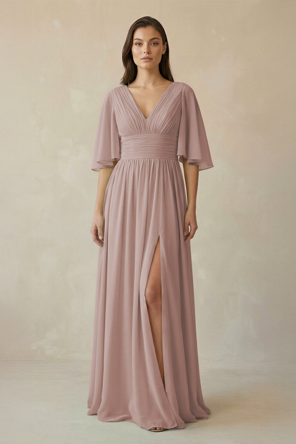 Half Sleeve V-Neck A-Line Chiffon Bridesmaid Gown in Toffee