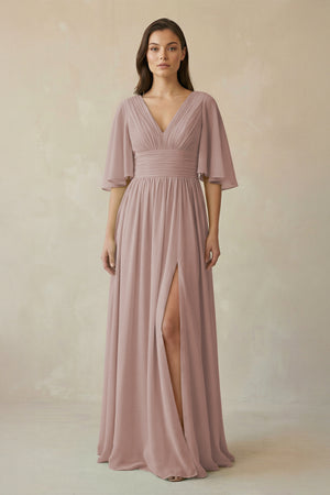 Toffee Half Sleeve V-Neck A-Line Chiffon Bridesmaid Gown | KISSBRIDAL