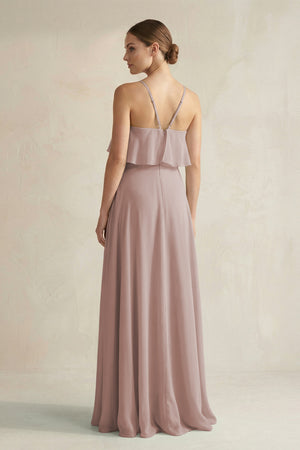 Toffee Halter Neck A-Line Chiffon Bridesmaid Dress with Keyhole (2) | KISSBRIDAL