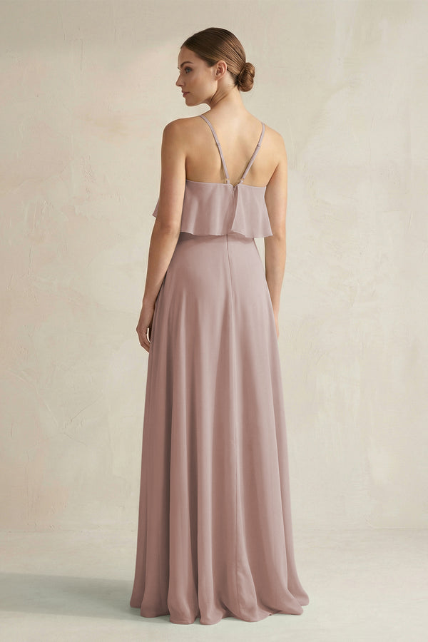 Toffee Halter Neck A-Line Chiffon Bridesmaid Dress with Keyhole (2) | KISSBRIDAL