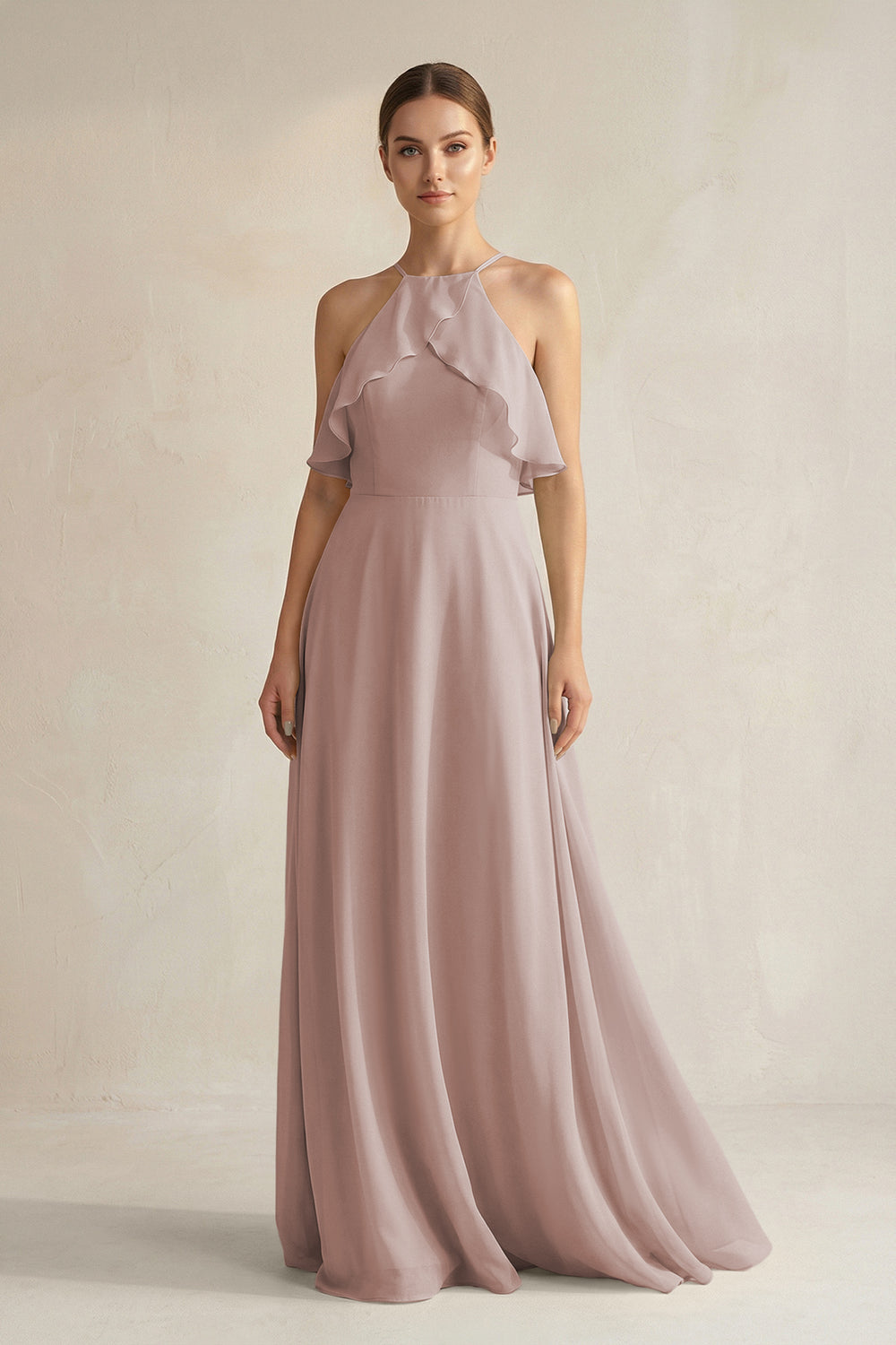 Halter Neck A-Line Chiffon Bridesmaid Dress with Keyhole in Toffee