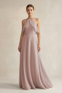 Toffee Halter Neck A-Line Chiffon Bridesmaid Dress with Keyhole | KISSBRIDAL