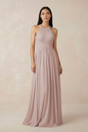 Toffee Halter Neck A-Line Chiffon Bridesmaid Dress | KISSBRIDAL