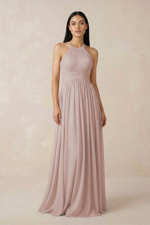 Toffee Halter Neck A-Line Chiffon Bridesmaid Dress | KISSBRIDAL