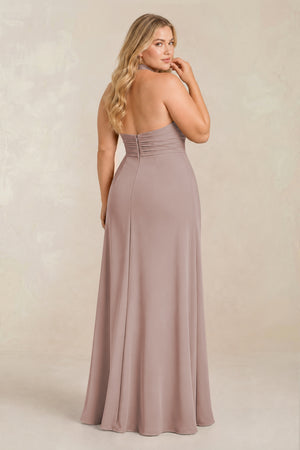 Toffee High Neck Chiffon Sheath Ruched Bridesmaid Dress (2) [sizeplus] | KISSBRIDAL