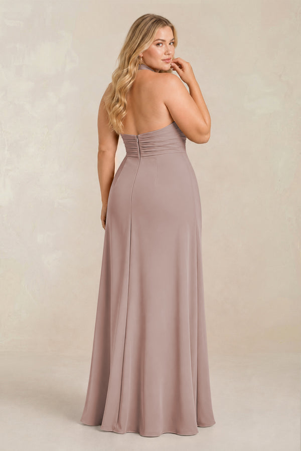 Toffee High Neck Chiffon Sheath Ruched Bridesmaid Dress (2) [sizeplus] | KISSBRIDAL