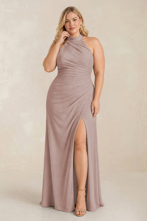 Toffee High Neck Chiffon Sheath Ruched Bridesmaid Dress [sizeplus] | KISSBRIDAL