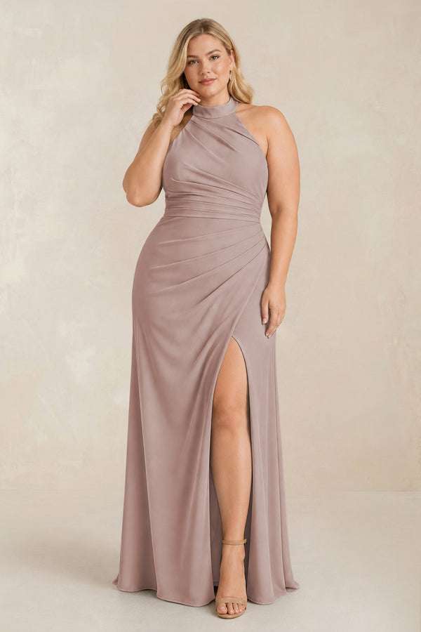 Toffee High Neck Chiffon Sheath Ruched Bridesmaid Dress [sizeplus] | KISSBRIDAL