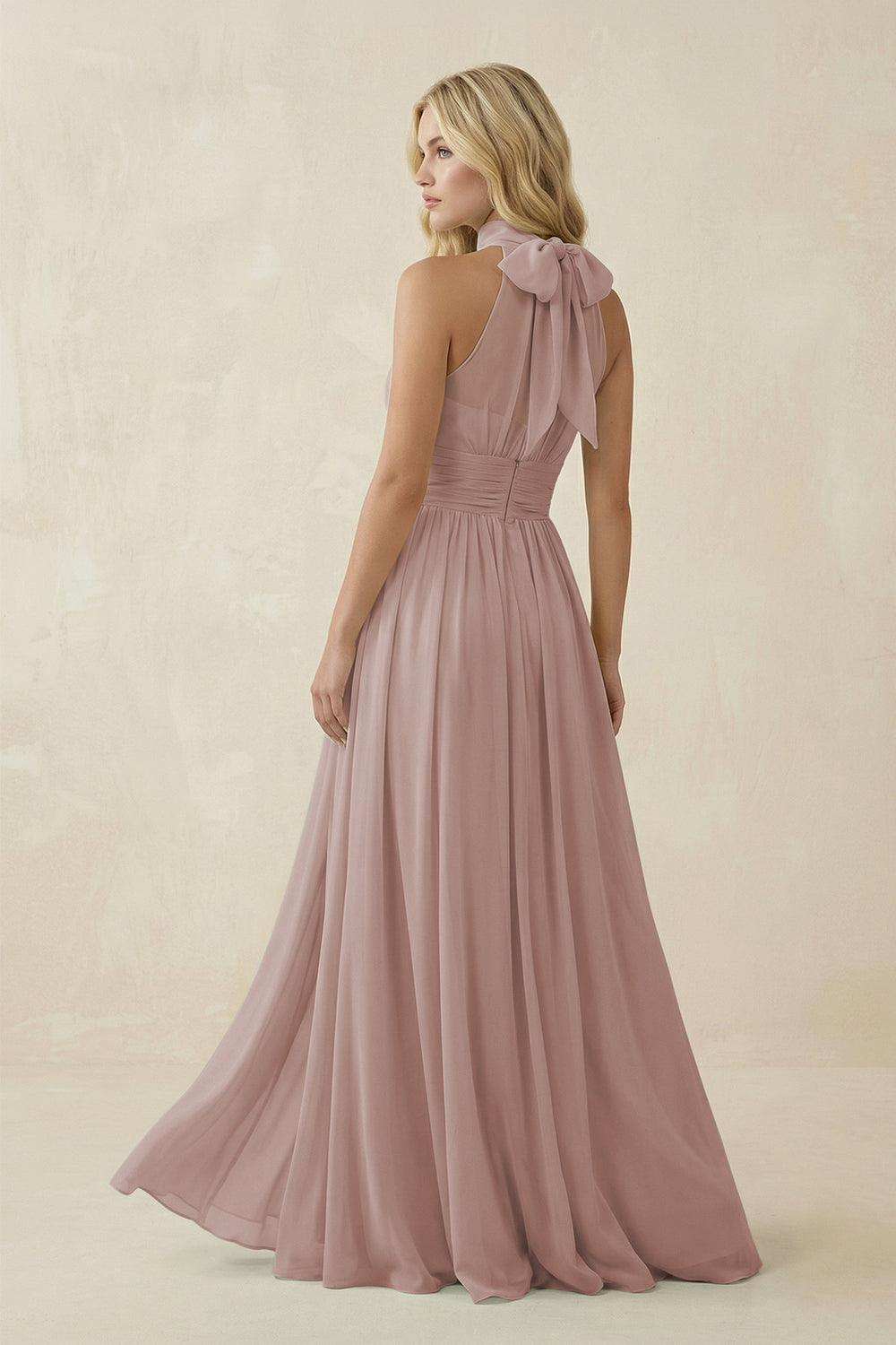 Illusion Halter A-Line Chiffon Bridesmaid Gown in Toffee