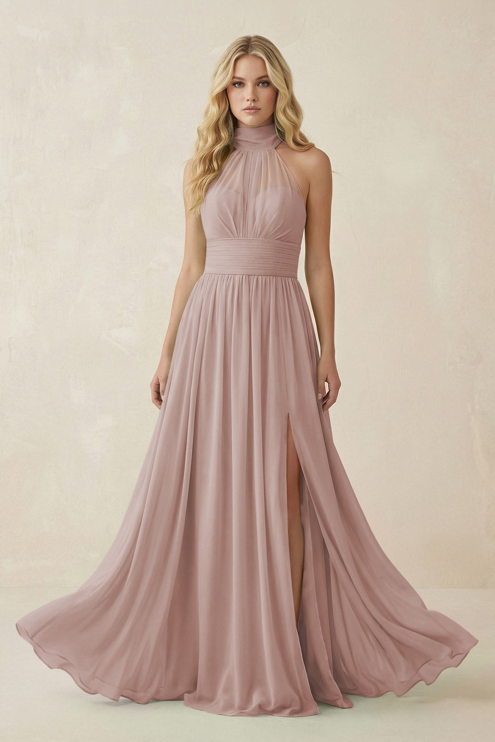 Illusion Halter A-Line Chiffon Bridesmaid Gown in Toffee