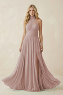 Toffee Illusion Halter A-Line Chiffon Bridesmaid Gown | KISSBRIDAL